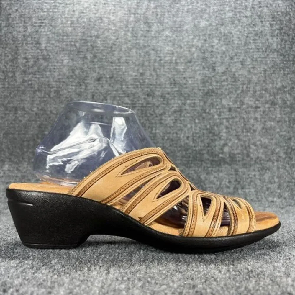 Clarks Artisan Wedge Sandals Womens 9.5 Tan Leather Open Toe Slides Comfort Shoe